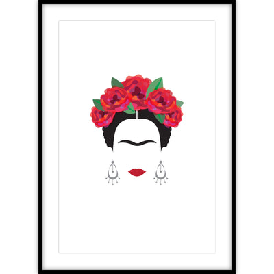 Frida Kahlo met bloemen in het haar op een poster.