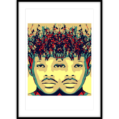 Grafisch ingelijst portret in verschillende retro kleuren, wat lijkt op een Basquiat schilderij.