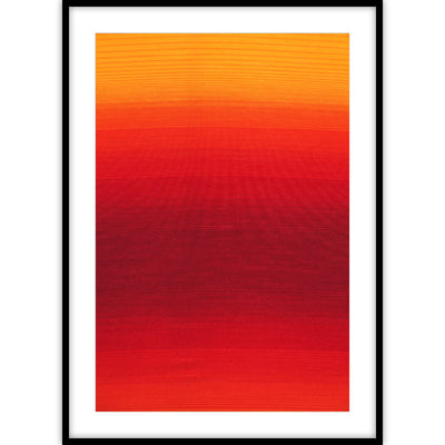 Een schilderij gedrukt op poster van een oranje zonsondergang.
