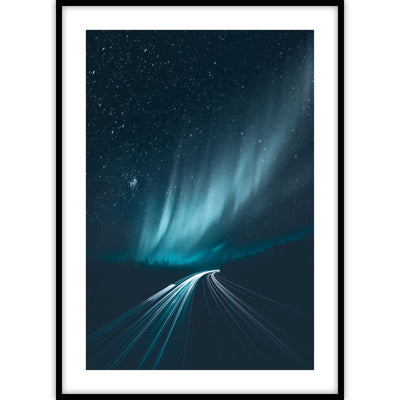 Poster van het Noorderlicht en een heldere sterrenhemel gefotografeerd in de nacht.