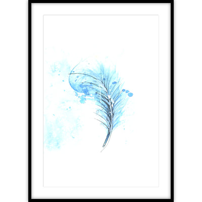Poster van een blauwe veer die met waterverf is getekend.