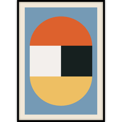 Fraaie ingelijste poster met abstracte vormen gebaseerd op kunstwerken van Rietveld en Mondriaan.