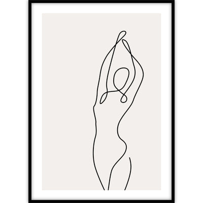 Een poster met een abstracte illustratie van een dansende vrouw die bestaat uit één lijn op een lichtkleurige achtergrond.