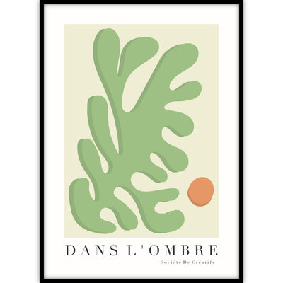 Een ingelijste trendy poster met abstracte vormen gebaseerd op de kunstwerken van Henri Matisse.