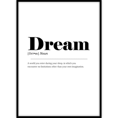 Een van de populaire woordenboek posters met de betekenis van het woord ‘Dream’ in een lijst.