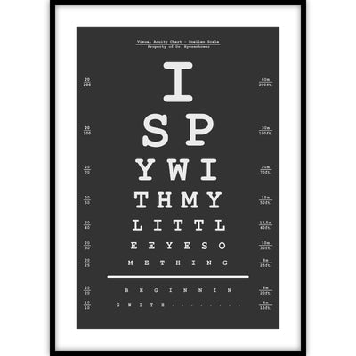 Ingelijste poster met onze eigen zwarte variant van de klassieke oogtest, kan jij het hele rijmpje lezen?