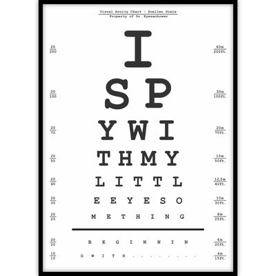 Ingelijste poster met onze eigen variant van de klassieke oogtest, kan jij het hele rijmpje lezen?