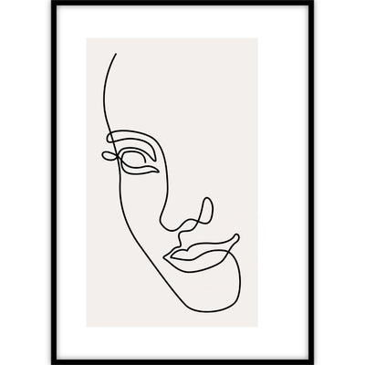 Ingelijste poster met een abstracte illustratie van een vrouwengezicht bestaand uit één lijn op een lichtgekleurde achtergrond.