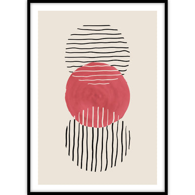 Een trendy poster van een abstract kunstwerk met streep vormen en een frisse roze kleur in een lijst.