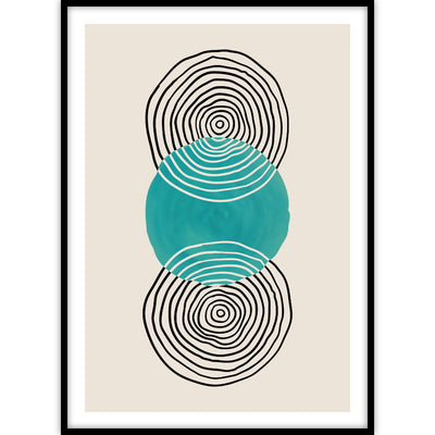 Een trendy poster van een abstract kunstwerk met cirkel vormen en een frisse blauwe kleur in een lijst.
