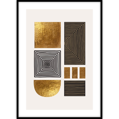 Een ingelijste chique en stijlvolle poster met abstracte kunstvormen in zwarte en gouden kleurtinten.
