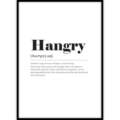 Een van onze populaire woordenboek posters met de uitleg van het woord ‘Hangry’ in een lijst.