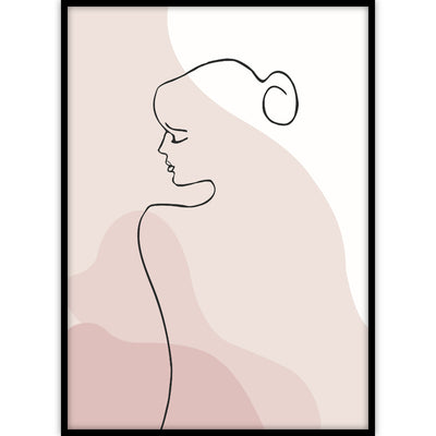 Een ingelijste moderne poster met line art van een vrouw in combinatie met roze abstracte vormen.