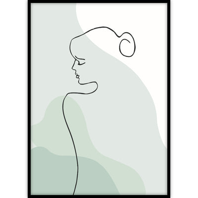 Een moderne poster met line art van een vrouw in combinatie met groene abstracte vormen in een lijst.