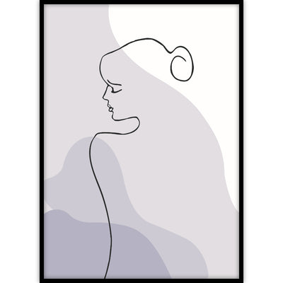 Een ingelijste moderne poster met line art van een vrouw in combinatie met lila abstracte vormen.