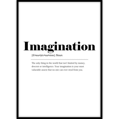 Ingelijste poster met het woord Imagination zoals in een woordenboek omschreven en vormgegeven.