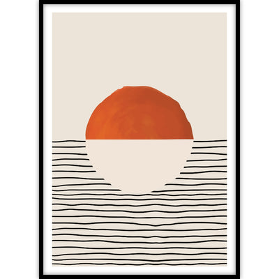Een trendy ingelijste poster van een abstract kunstwerk dat gebaseerd is op een opkomende zon.