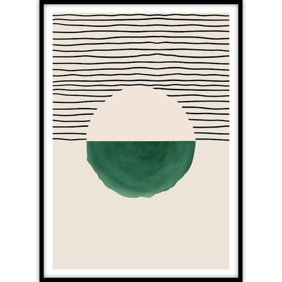 Een trendy ingelijste poster van een abstract kunstwerk dat gebaseerd is op een ondergaande zon.