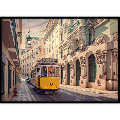Poster van tramlijn 28 in Lissabon, ingelijst zonder passe-partout.