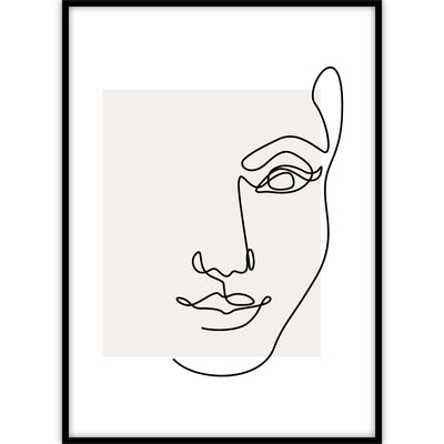 Een poster met een abstracte illustratie van een vrouwengezicht dat bestaat uit één lijn op een neutrale achtergrond.