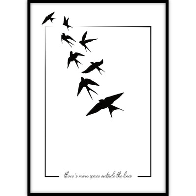 Een kunstige illustratie van sierlijke zwaluwen die een figuurlijke kooi uitvliegen in een lijst.