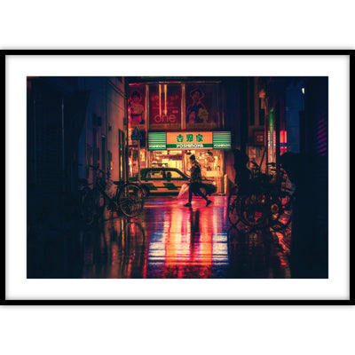 Poster met een foto van een Japanse straat met neonverlichting op een regenachtige dag.