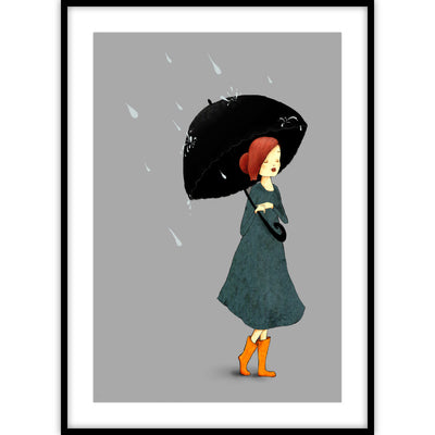 Een ingelijste illustratie van een jonge vrouw die door de regen loopt met een paraplu.