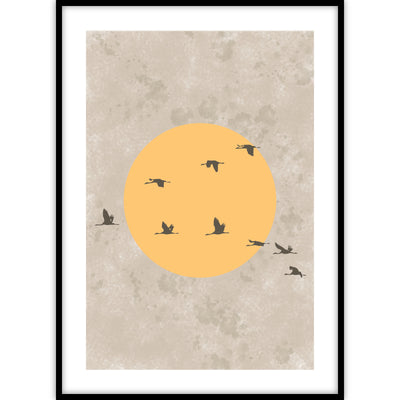 Ingelijste poster van een schilderij met voorbij vliegende vogels.