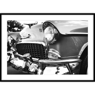 Poster van de grille van een vintage Cadillac in zwart-wit gefotografeerd.