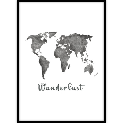 Een trendy en avontuurlijke zwart-wit poster van een wereldkaart met de tekst wanderlust in een lijst.