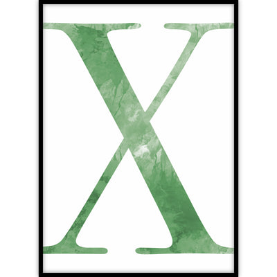 Ingelijste poster van een grote letter x die met groene waterverf is geschilderd.
