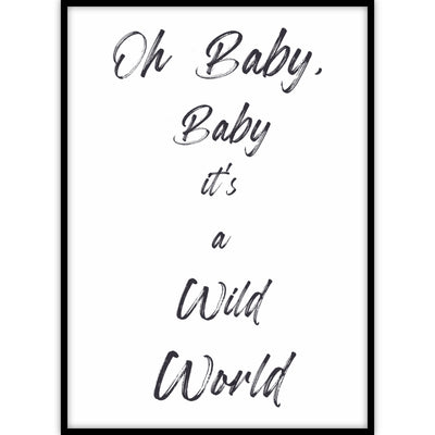 Ingelijste poster met in markeer stift geschreven tekst 'oh baby, baby it's a wild world.