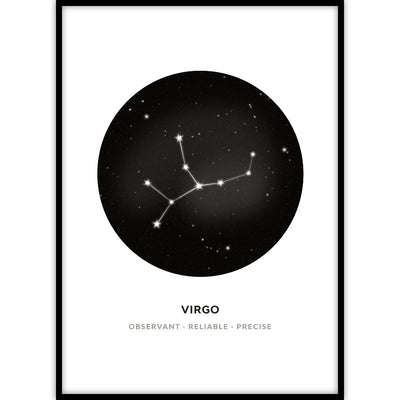Een unieke poster van het sterrenbeeld Virgo (maagd) en de daarbij horende karakter eigenschappen.